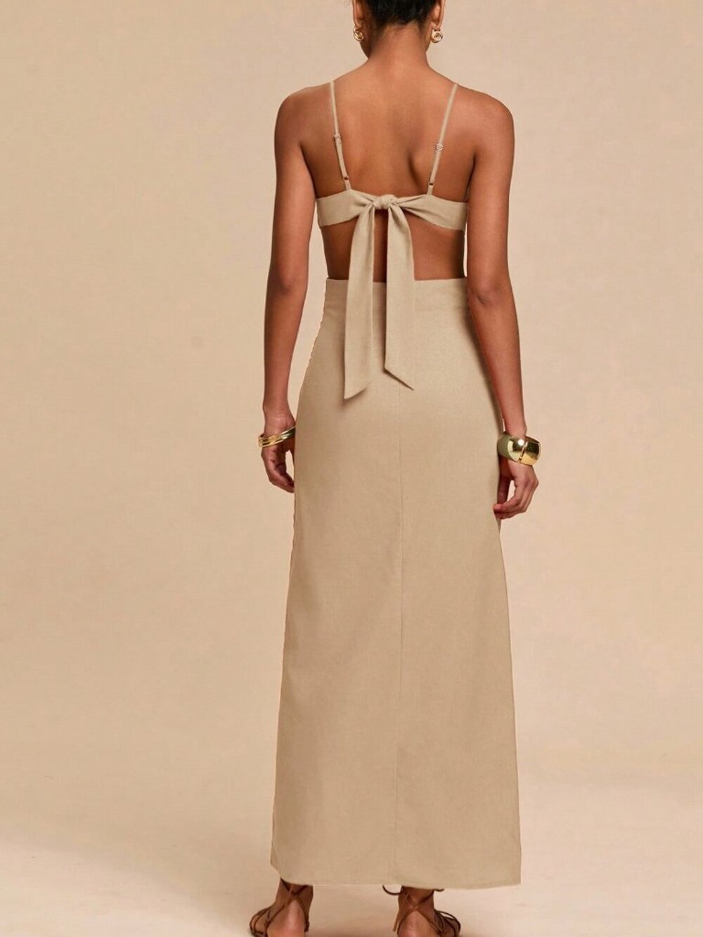 Khaki Casual Women's Vacation Petal Backless Strap Dress - Picture 2 of 6
